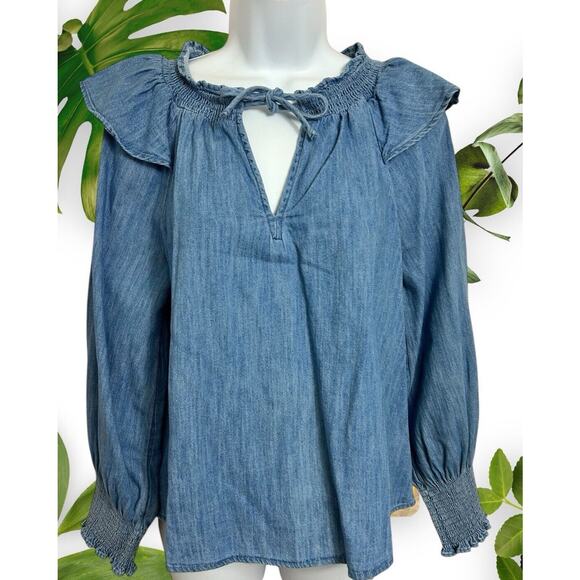 Old Navy Puff Sleeve Non-Stretch Jean Ruffle-Trimmed Poet Blouse Sz Small Denim - Picture 2 of 10